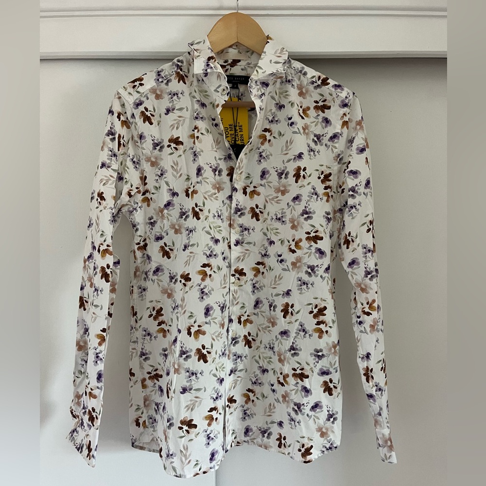 Ted Baker White Shirt with Purple and Brown Floral Design